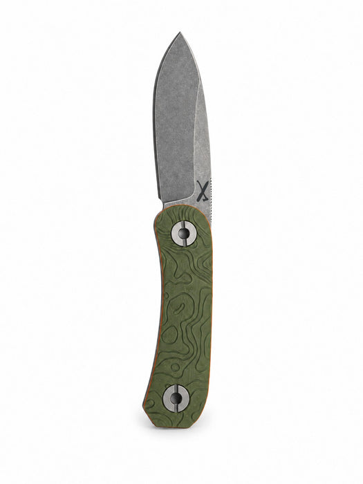 Pine Topo Edition Lander 4 fixed blade, front view with the stonewashed 14C28N drop point blade