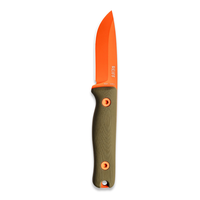 Reiff Knives F3 Fixed Blade Knife (CPM 3V, Orange Cerakote, OD Green Canvas Micarta)