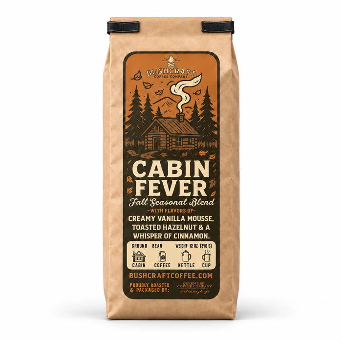 Bushcraft Coffee Cabin Fever fall seasonal blend, 12 oz kraft bag with log cabin illustration
