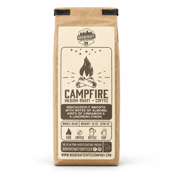 Bushcraft Coffee Campfire medium roast, 12 oz kraft bag with campfire illustration