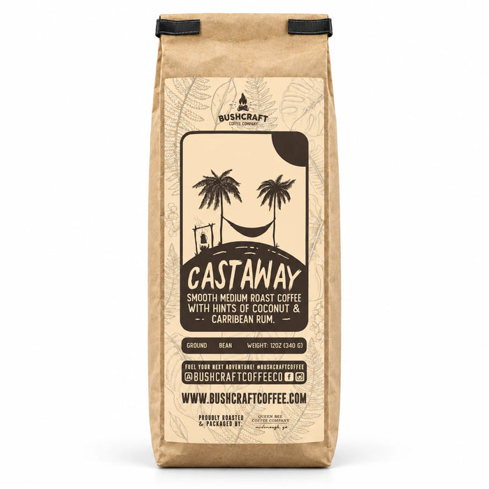 Bushcraft Coffee Castaway medium roast, 12 oz kraft bag with palm trees and hammock illustration
