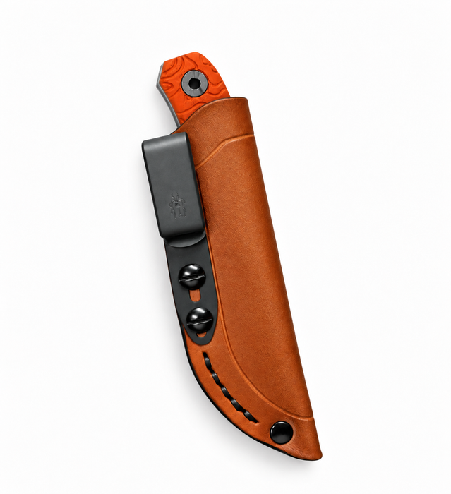 Ember Topo Edition Lander 4 in the optional cognac leather sheath with a black belt clip